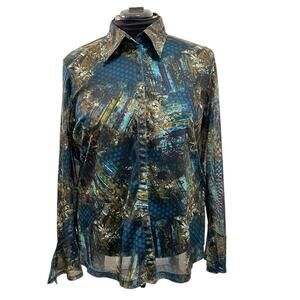 Y2K Women's Vintage 90's Mesh‎ snap up geometric top size 14/16 bell sleeve